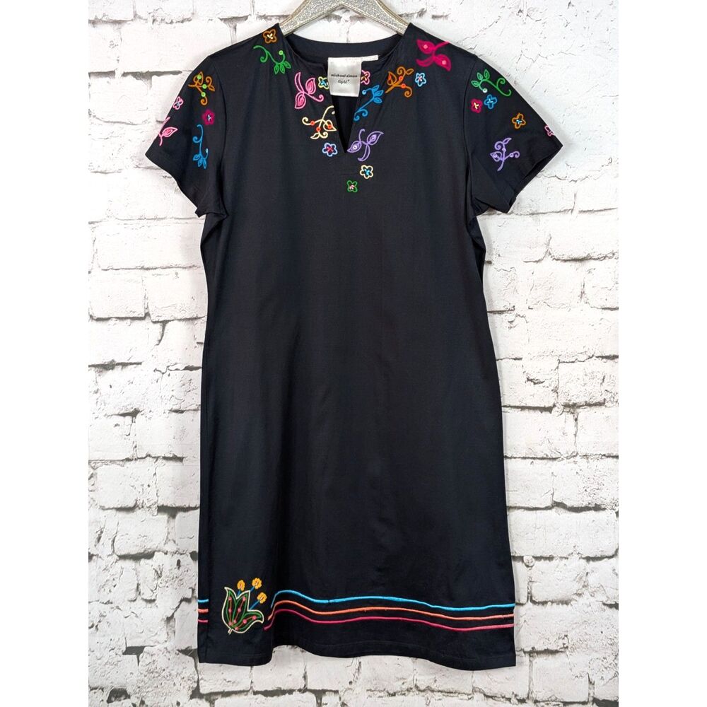 MICHAEL SIMON LIGHT Embroidered Sequined Shift Dress Tulip Floral Casual Large